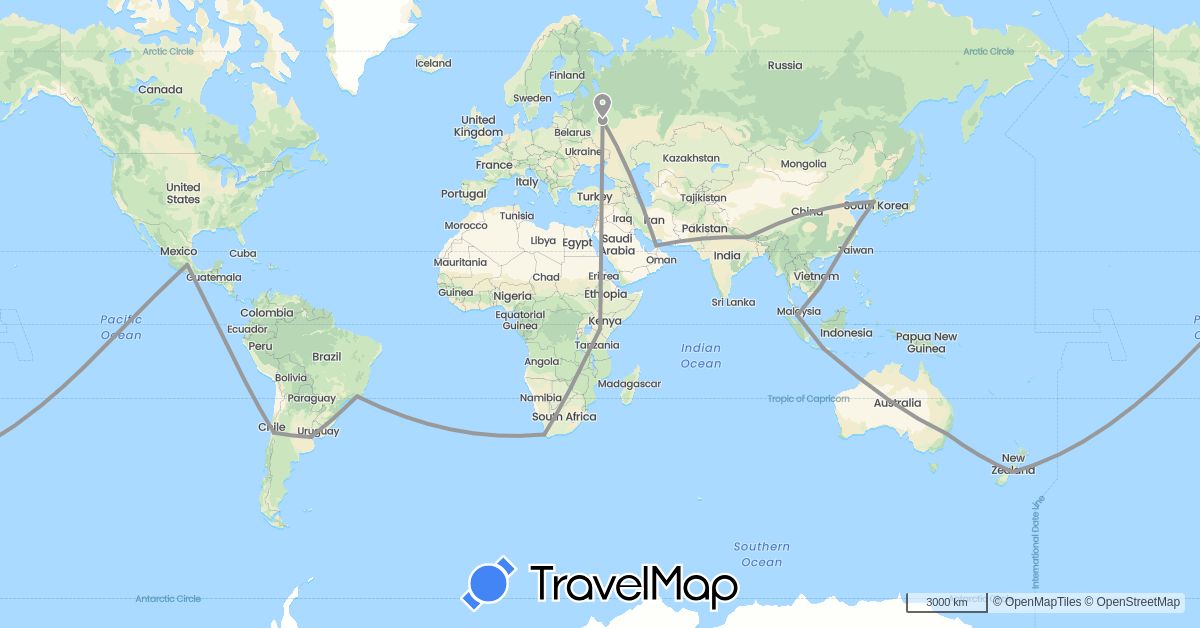TravelMap itinerary: driving, plane in United Arab Emirates, Argentina, Australia, Brazil, Chile, Indonesia, Kenya, South Korea, Mexico, Malaysia, Nepal, New Zealand, Russia, Vietnam, South Africa (Africa, Asia, Europe, North America, Oceania, South America)